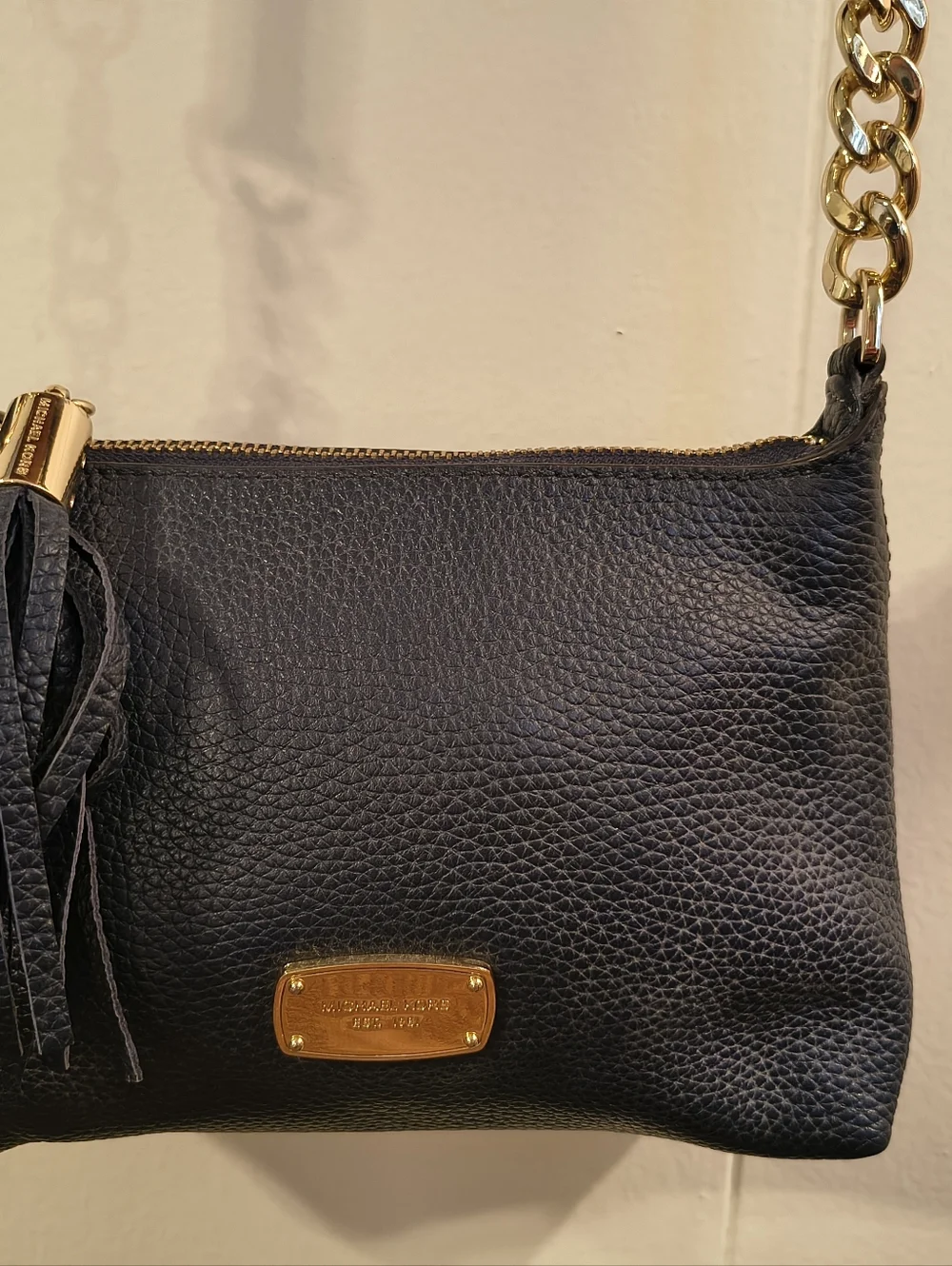 Michael Michael Kors Navy Pebbled Leather Crossbody with Tassel and Gold Chain - Picture 6 of 8